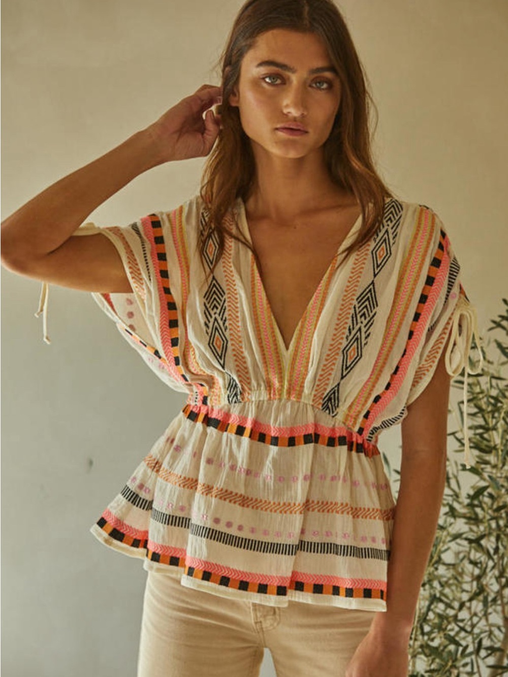 By Together Embroidered Boho Peplum Blouse Large Deep V Ivory